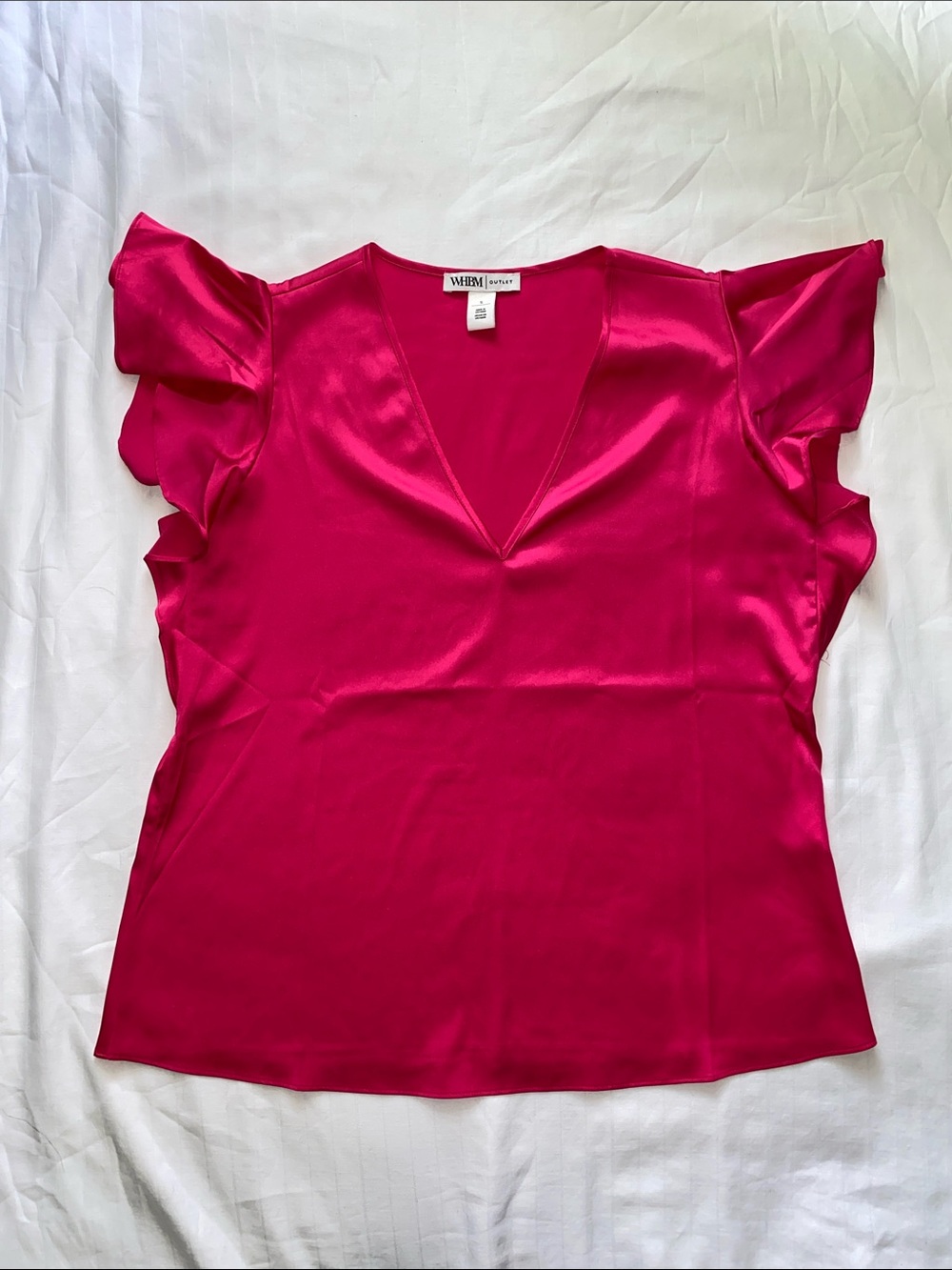 White House Black Market Outlet Bright Fuchsia Silk V-Neck Ruffle Sleeve Top